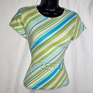 Vintage y2k Blue green striped office siren form fit top
